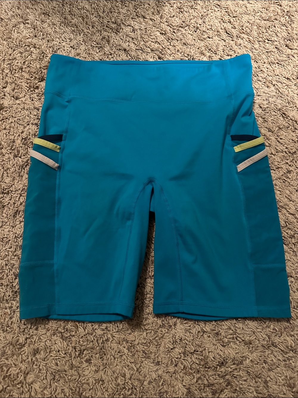 Fabletics Motion365 Teal Athletic Bike Shorts with Accent Stripes
